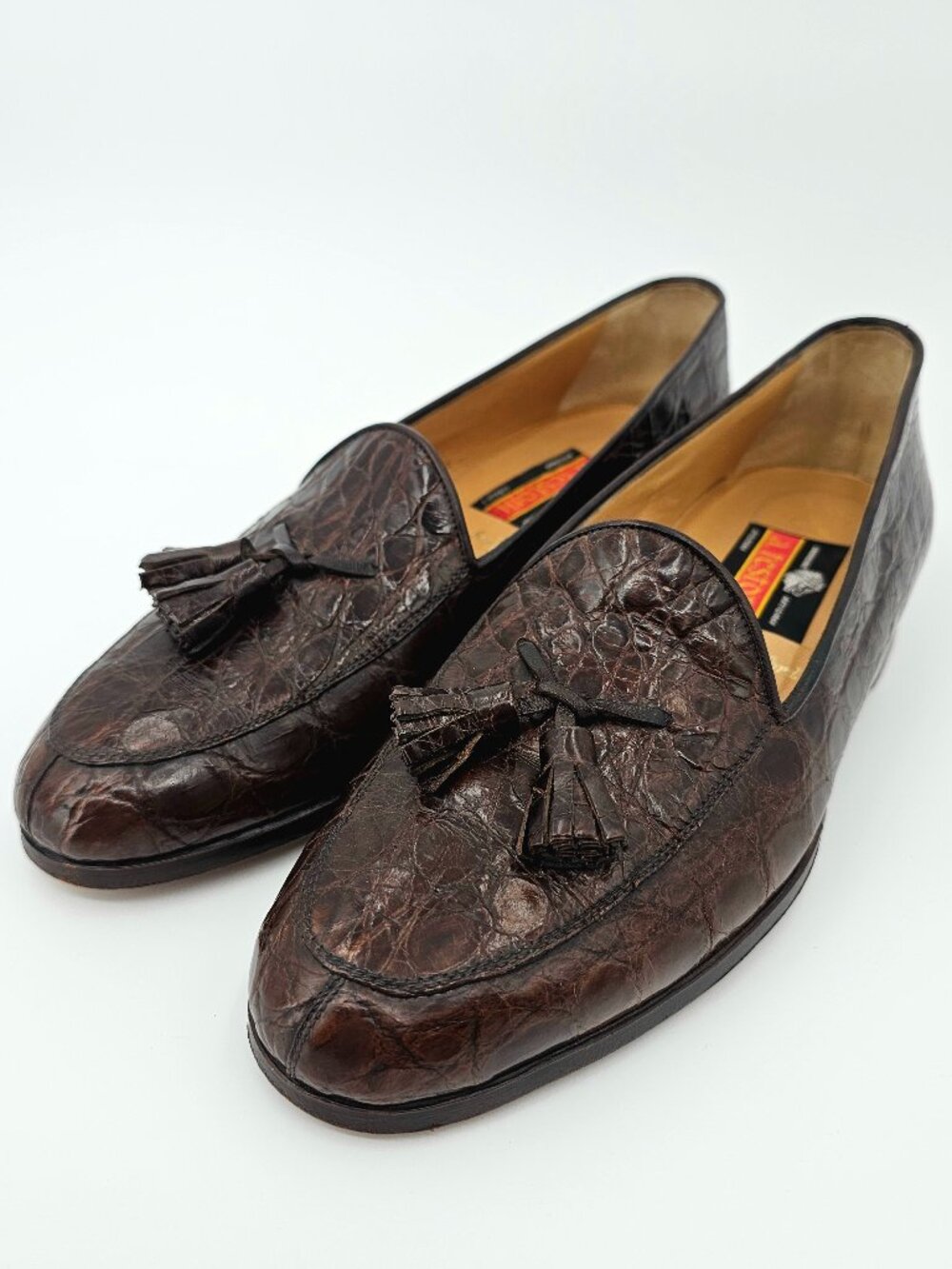 A. Testoni Tassel Loafers Brown Leather Alligator Brogue Shoes Men's Size 8.5N